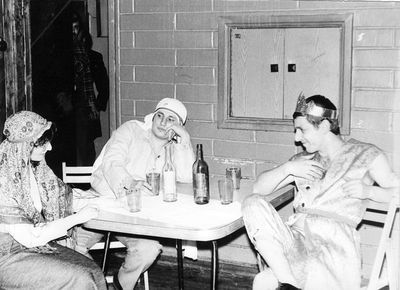 1987 - The first Purimspiel in Tallinn after WWII 
This Purimspiel was held in sauna belonging to David Slomka. 
Left to right: Alla Manoim (Hazkin), Boris Manoim, Jakob Grinstein
