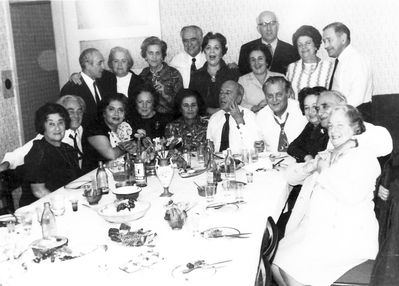 1972 - Rybak's farewell party (12/1972)
Before moving to Israel. Left to right.
Sitting: Elja Gens (Saltsman); Dr Schmuel Saltsman; Olga Rapoport (Kletsky); Dina Saltsman (Goldberg); Olga Kan (Kan); Ilja (Alja) Isrin; Samuil Rybak; Bronislava (Boba) Golomb (Dymschits); Dr Moisei Serman; Sonja Serman (Lopavok)
Standing (from left): Leo (Moritz) Ginovker, Ruth Rybak (Goldmann); Paula Pakkin (Josselov); Geha Lipavsky; Dora Geruchmanov (Rybak); Njuta Ginovker (Beilinson, nee Klas); Leva Trapido; Gina Trapido (Amitan); Hirsch Geruchmanov 
Keywords: [G] [S] [K] [I] [D] [L] [P] [J] [T] [A] [R]