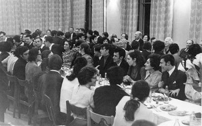 1971 - Tallinn youth at J. Schaikevitsch 50th jubilee after performance of "Anne Frank" - 3/1971
Left to right.
Front table facing us: Jakov Paturski, Sofa Paturski (Rubanovitsch), Salik Rosenblum, Beata Rosenblum (Gens), Jusef Luvistsuk, Rina Holm (Luvistsuk, nee Serman), llja Gens, Mark Rybak, Alla Jakobson, Ruben (Rudik) Murschak, Larissa Rabinovitsch (Kogan), Leo Kitt, Boris Potaschnik, ?, ?, ?, Ruven Katsev 
Keywords: [history]