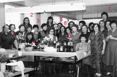 Milliners department of the Services house (Teenistusmaja) - Tallinn, around 1980
Among the milliners were many Jewish women.
1 - Hesse Kit (Blechman s. Pozaisky), 2 - Ira Feldman (Janovski), 3 - Sara Baron, 4 - Gaya (Avigail) Fainshtein (Sherman, nee Lutrin), 5 - Resi Epstein, 6 - Jana Gluchovski (Umov), 7 - Meri Schagal, 8 - Ira Tilker (Schagal)
Missing on the picture is Lea Isrin (Schein, nee Citron) 

