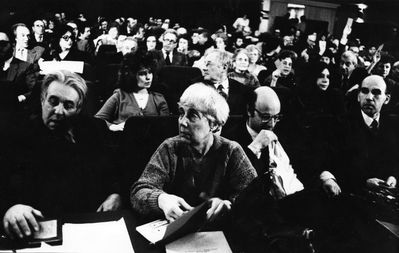1991 - Estonian Cultural Society annual conference in Sakala cultural center - 1991
In the first row: David Slomka, Evgenija Gurin-Loov, Gideon Pajenson, Lev Schurucht
Keywords: [history]