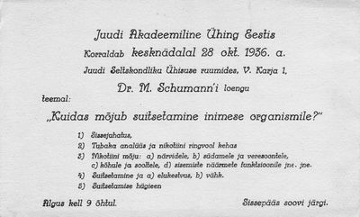 Invitation to the lecture "How smoking influences the human body" (Dr M. Schumann) - 28/10/1936
