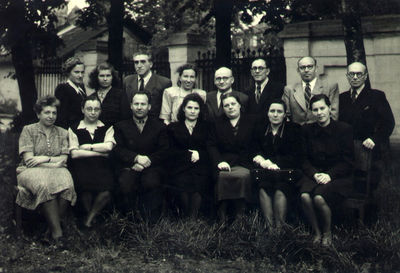 Doctors graduates of the Philosophy department
20/7/1949. The group of doctors graduates of the Philosophy Department of the ВУМЛ (Вечерний Университет Марксизма-Ленинизма - the evening department of Marxism-Leninism)
Left to right.
Standing:  ?, ?, Dr Abram Tuch, Dr Tsilla Lapidus (Taits)?, Dr Mordechai Bassel, Dr Moissei Lapidus?, Dr Michail Kolomoitsev. Dr Iosif (Jascha) Rubanovitsch
Sitting: Dr Betti Aronstam, ???
Keywords: [T] [R] [K] [A]