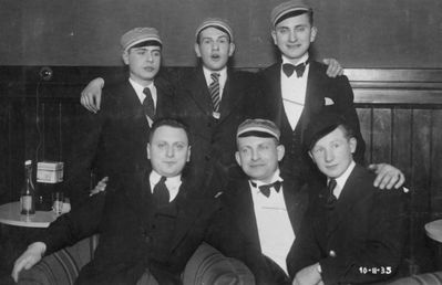 1935-2-10
Left to right.
Top: Tuvja (Teffi) Smolenski, Aleksander (Sasha) Gini (Giniziski), Ruven Kamenovski
Bottom: ?, Zvi Kamenovski, David Fainmann
Keywords: [S] [K] [F]