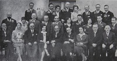 1929 - A. Goldstein (Keren Hayesod) visit to Tallinn
1. Zalman Kabelkin, 2. Margolin, 3. Dr Rachel Klompus (Sundelevitsch), 4. Grigori Aisenstadt, 5. Dr Aleksander Goldstein, 6. Paulina Aisenstadt, 7. Hana (Elchonon) Gendel, 8. Rebekka Schulklepper, 9. Jakov Rubin, 10. Pinchas Katz, 11. Abeshaus, 12. Mascha Klompus-Gendel, 13. Sundel Hirschhorn, 14. Hilda Herzenberg, 15. Kopelovitsch, 16. Eliahu Wolf, 17. Josef Schulklepper, 18. Mme Berkovitsch, 19. Chazan Gurevitsch, 20. Herzenberg, 21. Eliahu Kirschbaum, 22. Lerenmann, 23. Anna Benenson, 24. Dr Mosche Klompus, 25. Olga Rubin, 26. Dr Ascher Bronstein (later Bavli), 27. ? 28. Dr Heiman Rubin  
