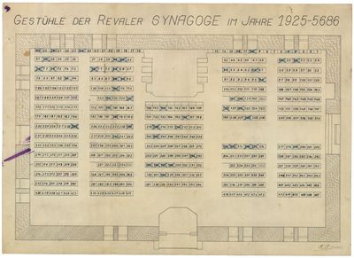 Plan of the inner of the Tallinn Big synagogue with marked purchased seats - 1925
