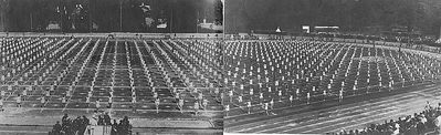 Estonian gymnastics and sport games in Tallinn - 17/7/1934 (Üleriiklikud võimlemis ja spordimängud.)
Children from various schools performing. On the left half of the picture in the first row (marked with X) stands Riva Itzoch. The Jewish gymnasium was standing in the first row. 

