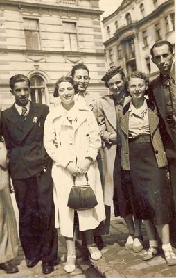 Liepaja 1937
Left to right: Benjamin (Jõmmi) Heiman, Genya Gleser, Herman (Poiske) Meiertal, gymnastics trainer Gerta Bader (Paduri), Sima Schkop, a host from Latvia 
