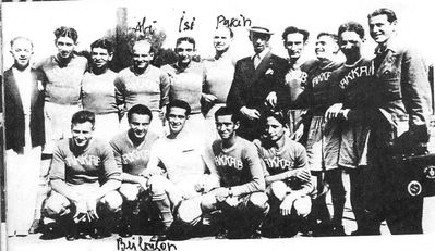 Maccabi football team - Tallinn - 1939
Top row from left: Benjamin (Haim) Kitt; Luri; Rybka; Scher: Leo Goldmann; Josef Pakkin; trainer Kaljot; David Raichman; Pertel; M. Heimann; Kopa Koslovski;
At the bottom: Meir Levin; M. Beilinson; Jascha Klutschik; B. Heimann; Maslovski
