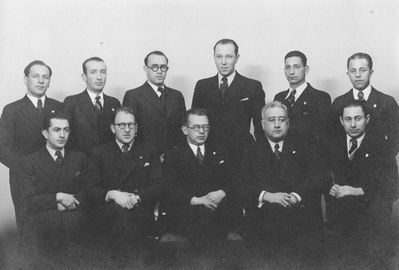 Maccabi leadership
Left to right.
Top row: ?, David Schagal, ?, Noson Stark, Haim Schur ,  Benjamin (Haim) Kitt
Bottom row: Leo Epstein, Leopold Markovitsch, Solomon Judeikin, ?, Poiska Meiertal
