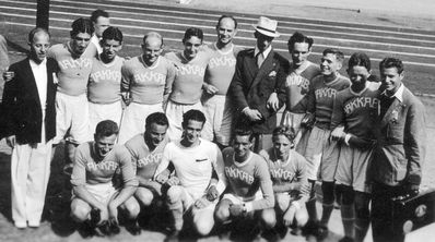 Maccabi soccer team - 1939, Tallinn
Left to right.
Top: Benjamin (Haim) Kitt, Luri, Rybka, Scher; Leo Goldmann; Josef Pakkin; trainer Kaljot; David Raichman; David Pärtel; M. Heimann; Koppel Koslovski;
At the bottom: Meir Levin; M. Beilinson; Jascha Klutschik; B. Heimann; Maslovski
