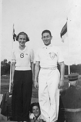 Maccabiah
Gymnastics team leaders (Estonian gymnastics teacher Gerta Bader (Paduri)), Hirsch (Poisik) Meiertal
