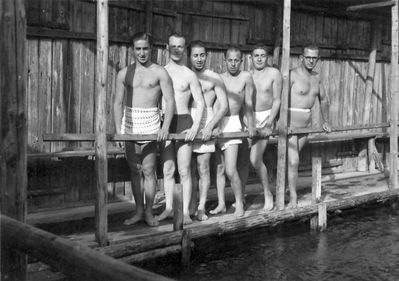 Swimming team
Left to right: Lazar Rosenberg, Stein, Meiertal, Benjamin (Haim) Kitt, ?, Solomon Judeikin
