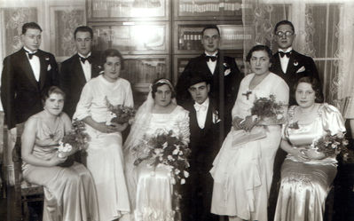 Wedding of Dina Kitt (Stumer, nee Citron) and Solomon Stumer - Tallinn, October 1935
Left to right.
Sitting: ?, ?, Dina Kitt (Stumer, nee Citron), Solomon Stumer, Berta Goldmann (Stumer), ?
Standing: ?, Zemach Stumer, Efraim Goldmann, Salman Citron
