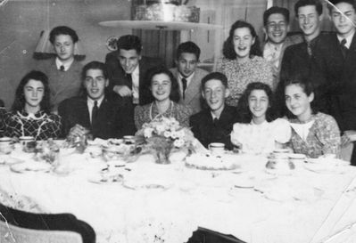 Tartu - 1940. Youth group 1940
Left to right.
Sitting: Ruth Kolovsky, Isi Trapido, Anni Kropman, ?, Annele Kolovsky, Lia Oreshkin (Beltschikov)
Standing: Emmanuel Nodel, ?, Tolja Kremer, Nata Koblenz, ?, Mischa Usvanski, Goda Kolovsky

Birthday of Anni Kropman 11/5/1940 
Keywords: [K] [T] [B] [N] [U]