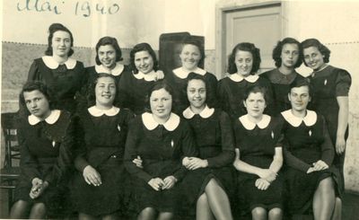 Tallinn - 1940. Jewish gymnasium - 1940 graduation girls
Left to right.
Top row:  Ljuba Sack, Judith Issurin, Sara Scher, Beila  Haitov,  Riva Kantor, Eugenia Loov (Gurin), Zilla Joffe (Beltschikov)
Bottom row: Mirjam Kolomoitsev, Dina Slutsk, Mascha Levin (Grinstan), Hessi Kitt (Pozaisky), Tamara Jankelson, Rebecca Mletschin
