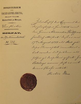 1845 - Alexander Wulffius - Tartu University graduation paper - 29/11/1845
Keywords: [history]