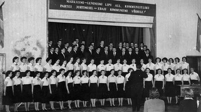 The choir of the Tallinn school #2 (Reaalgümnaasium)
2nd row from top, 3d from left - J. Paturski. The slogan above the stage: "Under the banner of Marxism-Leninism, under the leadership of the Communist Party - forward to the victory of communism!"
