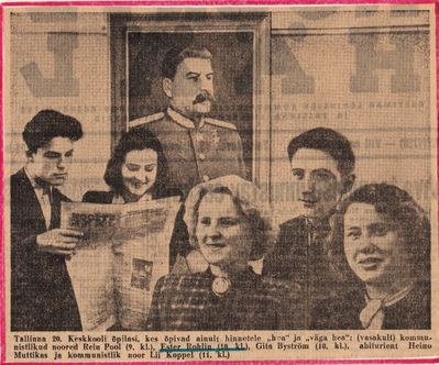 Tallinn - 1949 How to "improve" the picture in 1949...  (2) - and the result in the newspaper
The "same" picture published in the newspaper "Noorte Hääl" on 13.12.1949.
The students of the Tallinn school N20 who get only "good" or "very good" grades. Left to right: members of the Komsomol Rein Pool (9th grade), Ester Rochlin (10th grade), Gita Byström (10th grade), senior Heino Muttikas and member of the Komsomol Lii Koppel (11 grade)
Keywords: [history]