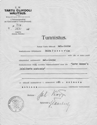 Tartu - 1931. University - student works First price - Selda Passov - 1931
