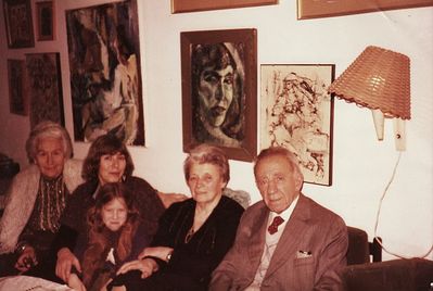 by Dorins in Rehovot
Left to right: Rebecca (Raja) Sundelevitsch (Hasak), Beata Dorin (Malkin) with daughter, Michla (Manya) Epstein (Minkov), Boris Epstein
