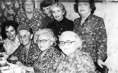 School girls after many years
Left to right.
Sitting:  Ester (Fira) Hanson (Klas), ?, Berta Danzig (Itskovitsch), Lia Levartovski (Ehrenstein)
Standing: Mascha Levin (Grinstan), ?, ?, Bronislava (Boba) Golomb (Dymschits)
Keywords: [unknown]