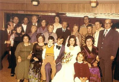Schuchman Gleser wedding 10/3/1977
Left to right.
Sitting: Jetti Beilinson (Gleser), Pessi Gleser (Permand), Dan Beilinson, Gennadi Schuchman, Debby Schuchman (Gleser), Ruth Beilinson, Frieda Schuchman
Standing: Leopold Beilinson, Hirsch (Hiki) Gleser, Julja Beilinson, ?, Ljuba Amitai (Gleser), Samuil Rybak, Ljuba ?, Dorit Levin, Iljon, Alik Gleser, Iljon, Dussi Levin (Rivnai), Mark Rybak, Tova Rivnai, Jamini (Benjamin) Rivnai, Pessach Schuchman  
