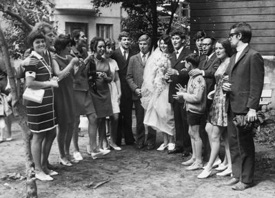 Schechtmeister - wedding 1971/72
Left to right: Rina Trapido, Jossi Engler, Gila Vesset (Danzig), Ester Levin, Ljusa Girshovich (Levin), ?, Leo Kit, ? Revzin, Dina Schechtmeister (Revzin), David Schechtmeister, Ruven Katsev, Gidon Pajenson, Rachel Sverdlov (Fainman), Evgeni Garber
The boy - Ariel Levin
