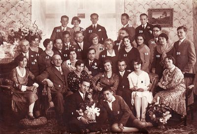 Luvistsuk wedding or engagement - 1929
1 - Schmaria Tamarkin, 2 - Aron Tamarkin, 3 - ?, 4 - Moische-Aron Kamenovski, 5 - Tsila Tamarkin (Klas-Glass), 6 - Hana-Scheine Luvistsuk (Kamenovski), 7 - Aba Luvistsuk, 8 - Anna Kamenovski, 9 - ?, 10 - Mark Kolovski, 11 - ?, 12 - Maria Kamenovski (Klompus?), 13 - Leo Kliksberg, 14 - ?, 15 - ?, 16 - Tsila Tamarkin (Glass) mother, Rezi Tamarkin?, 18 - Miriam Tamarkin, 19 - ?, 20 - Ruvim Kamenovski, 21 - ?, 22 - Zvi Hirsch Kamenovski, 23 - ?, 24 - ?, 25 - ?, 26 - Miriam Usvanski (Gabovitsch), 27 - ?, 28 - Elimelech (Mischa) Bakscht, 29 - ?, 30 - ?
