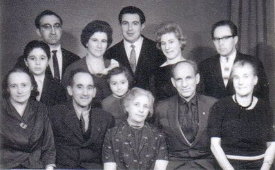 Vigderhaus family 1960 Tallinn
Left to right, bottom up:  Raiza Vigderhaus, Avi Rusinov, Rafael Rusinov, Pinhas Avigdori (Vigderhaus), Dveira Rusinova, Mirjam Vigonski, Zalman Rattut, Ester Rattut, Shulamis Vigderhaus, Shmuel (Mula) Avigdori (Vigderhaus), Zalman Vigderhaus, Ida Vigderhaus  
Keywords: [R] 