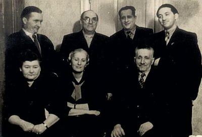 Gleser, Levin, Rosenblum etc - 1957
Sitting: Rosa Kesamaa (?), Raja Meiertal (Rosenblum), Abram Rosenblum
Standing: Oskar Gleser, Aleksander Gleser, Hemi Levin, Hiki Gleser  
