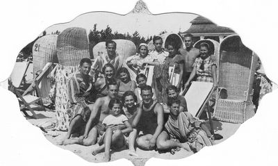 1936 Pärnu
back side - "перед отъездом Миши Гиндин и Макса"
Left to right.
First row at the bottom: ?, Lia Kahn, ?, Abram Danzig?,  Max Koslovski
Middle row: ?, Sonja Vesset (Koslovski), ?, ?, Hanna Lopavok (Strasch)?,
Top row:?, Ljuba Schein (Citron), ?, ?, Menasche Schein, ?
