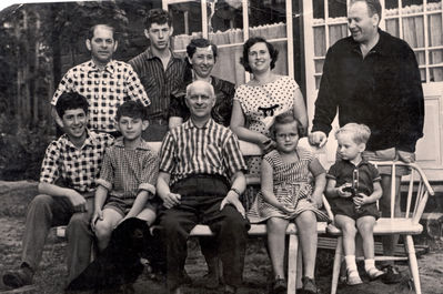 Koslovski and Randvee families - 1960
This is me [Rachel Randvee] and my family in our summer house in Vosu. The photo was taken in 1960.
Standing in the upper row (left to right): Yakov Koslovski, Hesse Koslovski, Riva Koslovski, nee Tsivian, myself and my second husband, Tarmo  Randvee. Sitting in the lower row (left to right): Gabriel Koslovski, Pesach Koslovski, Hirsh-Leib Tsivian, Ene Randvee and Riho Randvee.
Keywords: [R]