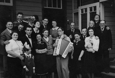 Students company in Tartu ~1939
Left to right.
First row: ?, ? (girl), Petja Pats, Dora Judeikin (Schapiro), Frieda Kon (Schats), Rudi Himmelhoch (with accordeon), ?, ?, Kofkin
Top row: ?, ?, ?, ?, Mischa Sverdlov, Schulamit Sverdlov (Pajenson), ?, ?, ?, Berta (Basja) Kaplan

