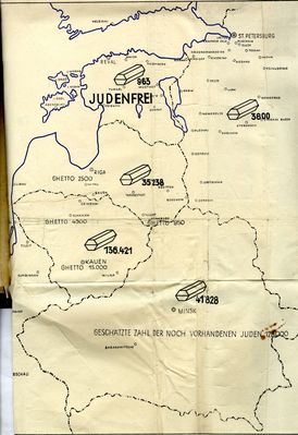 1942 - Estonia is "Judenfrei"
Map from Stahlecker's report entitled "Jewish Executions Carried Out by Einsatzgruppe A" and stamped "Secret Reich Matter." It shows the number of Jews executed in the Baltic States and Belorussia in 1941. The legend at the bottom states that "the estimated number of Jews still on hand is 128,000." 
Keywords: [history]
