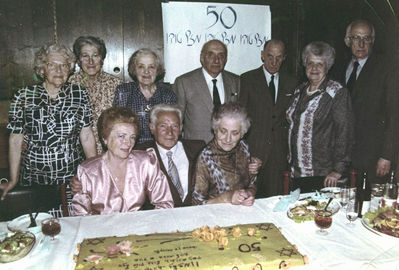 Dina and Schmuel Saltsman Golden wedding - Tallinn, 1987
Left to right: 
Standing: Frida Haitov (Krakusen), ?, Zipa Levin (Bovschover), Bentsion Levin, ?, Regina Trapido (Amitan), Lev Trapido
Sitting: Dina Saltsman (Goldberg), Schmuel Saltsman, ? 
