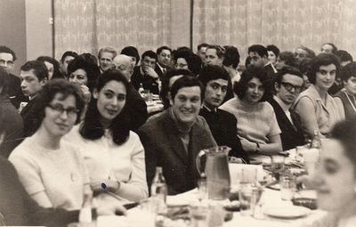 1971 - Tallinn youth at J. Schaikevitsch 50th jubilee after performance of "Anne Frank" - 3/1971
Facing us, left to right. Lena Kon, Ester Levin, ?, David Schechtmeister, Dina Schechtmeister (Revzin), Evgeni Garder, Zanna Aronstam (Olivson), Sveta Segal (Nezhinski)
