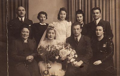 Wedding of Boris Beilinson and Charlotte Lurje. 1940.
Standing: Oskar Kljas, Sara Kljas (Epstein), Stella Ginovker (Beilinson), Irene (Njuta) Ginovker (Beilinson, nee Kljas), Moissei Beilinson
Sitting: Belja Beilinson (Barenbaum), Lotte (Charlotte) Beilinson (Lurje), Boris Beilinson, Tanja Hell 

