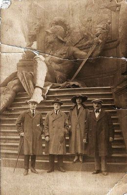 Binmanns and Brodovski in front of Kaiser Wilhelm I National Monument in 1922.
A newly married, Harry Binman stands on far left, his Iowa Uncle Harry Feine on far right. The photo was taken in the fall of 1922 before they returned to United States November 1922. Harry and Rose had been married in Estonia earlier that summer. The young couple between them was Harry Binman’s first cousin Esther Schein (1900 – 1985) and her husband Dr. Moshe Brodovski (1890 – 1937). They had been married in 1921. 
This photo was taken in front of the massive base of the Kaiser Wilhelm I National Monument beside the Kaiser's palace in Berlin. Built in the 1890s, it was destroyed during WW2. The monument, topped by an equestrian statue of the first German Emperor, was built in the 1890s in front of the Berlin City Palace on the Spree River. 
