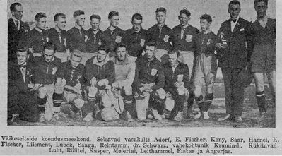 Young Estonian "small sport clubs" team in Riga. 1926.
The goal keeper Herman Meiertal - 4th from left in the first row.
Dr Hirsch Schwarts - standing second from right.

