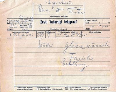 Viljandi to Tartu. 25.12.1928. Epstein family from Eitelberg family in Viljandi.
