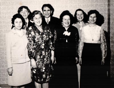Naimark sisters at Roche-Lea 50th Jubilee in 1974.
Left to right: Jente-Selde Küppe (Naimark), Harry Naimark, Haja-Miriam Spoljanski (Naimark), Naum Spoljanski, Rochel-Lea Naimark, Ruth Pegel (Kuremaa),  Liebe-Dina Kuremaa (Naimark)
