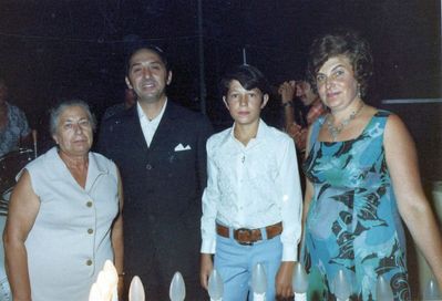 Alik Gleser bar-mizva. 8.8.1973
Left to right: Ljuba Amitai (Gleser), Hirsch (Heiki) Gleser, Alik Gleser, Pessi Gleser (Permand)
