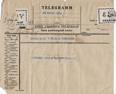 1931 - Telegram from Ella Amitan in Palestine to her niece Tasja Bakscht (Amitan) in Tartu (1931)
On the occasion of marriage of  Elimelech Bakscht with Tasja Bakscht (Amitan)

Keywords: [B] [A]