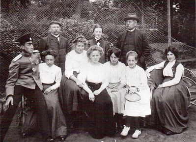 Wolff family in their summer house (Strelna, near Petersburg) in 1908.
Left to right.
Standing: Xavier Wolff (1861-1916), Sofie Wolff  (Gruber)  (1863-1918), ?
Sitting: brother of Rosa (Rasja Ita), ?, ?, ?, 2 sisters of Rosa, Rosa (Rasja Ita) Laur (Wolff) (24.12.1884  - 09.08.1948).
At WWII Rosa Laur remained in Tallinn (Nõmme) and survived as her husband dr. Emil Laur managed to change her Jewish identity documents before the war.  

