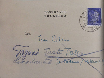 1941 Likvideeritud, tagasi Tartu
Ликвидирован. Вернуть в Тарту.
Liquidated. Back to Tartu
Keywords: [philatelia]