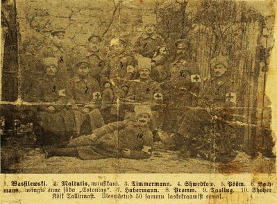 Estonians in the WWI. 91-st Dvinski polk. 1915.
1. Vasilevski; 2. Maltutis, musician; 3. Timmermann; 4. Shvedkov; 5. Pööm; 6. Bachmann, played in "Estonia" before the war;  7. Habermann; 8. Promm; 9. Taaling; 10. [i][u]Abram Schocher[/u][/i];  
All from Tallinn. Picture taken 50 steps from the shooting ditch.
Keywords: [S]