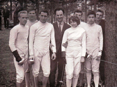 The fencing team of the Tallinn Polytechnical Institute. ~ 1963.
Left to right: Enn Kalda, Kalju Aigro, Georgi Zazhitski, Leo Piel, Asta Remmelkoor, Enn Kivi, Juzef Luvistsuk, Viktor Ivanov 
