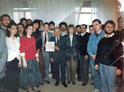 World Union of Jewish Students congress in Israel in 1989.
In the middle: the Prime Minister of Israel Mr Izhak Shamir. Estonian students delegation: Genadi Gramberg (third from right), Kaputerko (right from Shamir), Efim Gelman (between Shamir and Kaputerko, behind).
