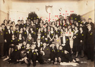 1930 October 18. With guests. See previous picture w/o names.
8. Ida Schapiro (Usvanski)  10. Gabriel Schapiro 11. Mara Vozlinski? 13. Boris Kropman 29. David Bakscht 30. Wulf Usvanski 38. Gelbart 43. Mirjam Gabovitsch (Usvanski) 47. Josif Usvanski 62. Levitin
Keywords: [unknown]